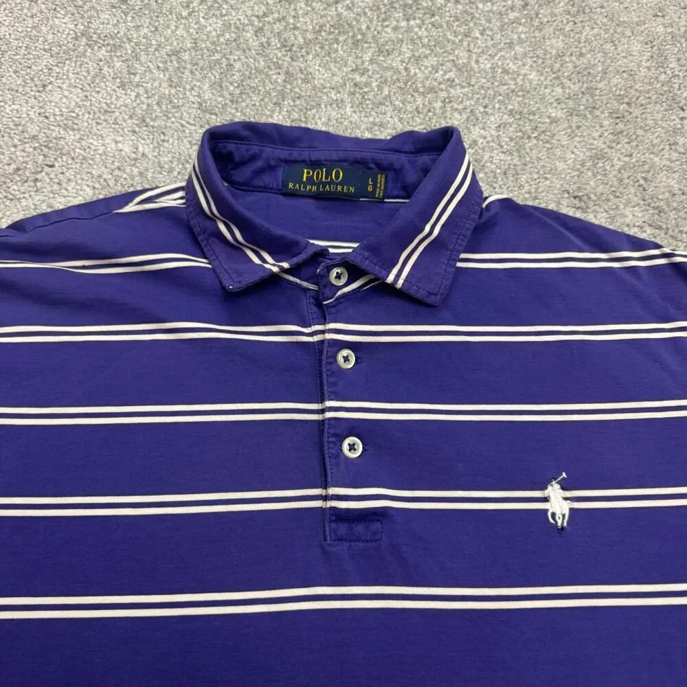 Polo Ralph Lauren Striped Polo Shirt Mens Large Purple White Pima Cotton Casual